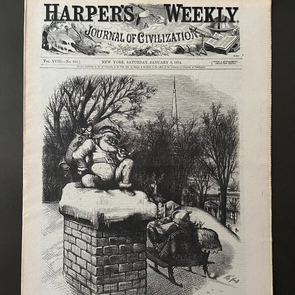 Harpers Weekly Reprint, Santa Claus, Thomas Nast, Woodcut Engraving - Picture 1 of 5